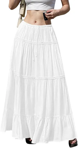 Summer Skirts for Women Trendy Drawstring Waisted Flowy Tiered Linen Maxi Skirt Pleated Ruffled A-Line Long Skirts