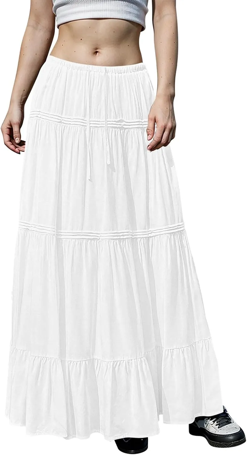 Summer Skirts for Women Trendy Drawstring Waisted Flowy Tiered Linen Maxi Skirt Pleated Ruffled A-Line Long Skirts