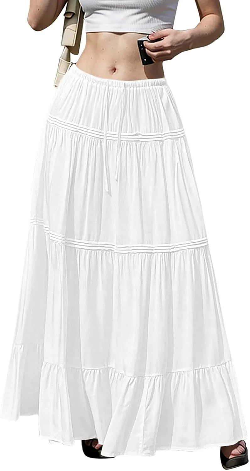 Summer Skirts for Women Trendy Drawstring Waisted Flowy Tiered Linen Maxi Skirt Pleated Ruffled A-Line Long Skirts