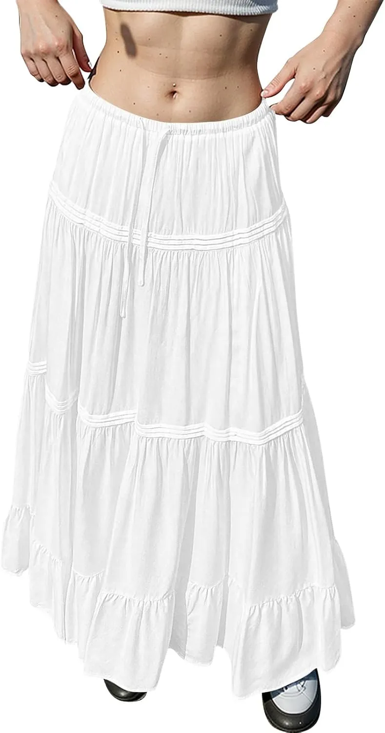 Summer Skirts for Women Trendy Drawstring Waisted Flowy Tiered Linen Maxi Skirt Pleated Ruffled A-Line Long Skirts