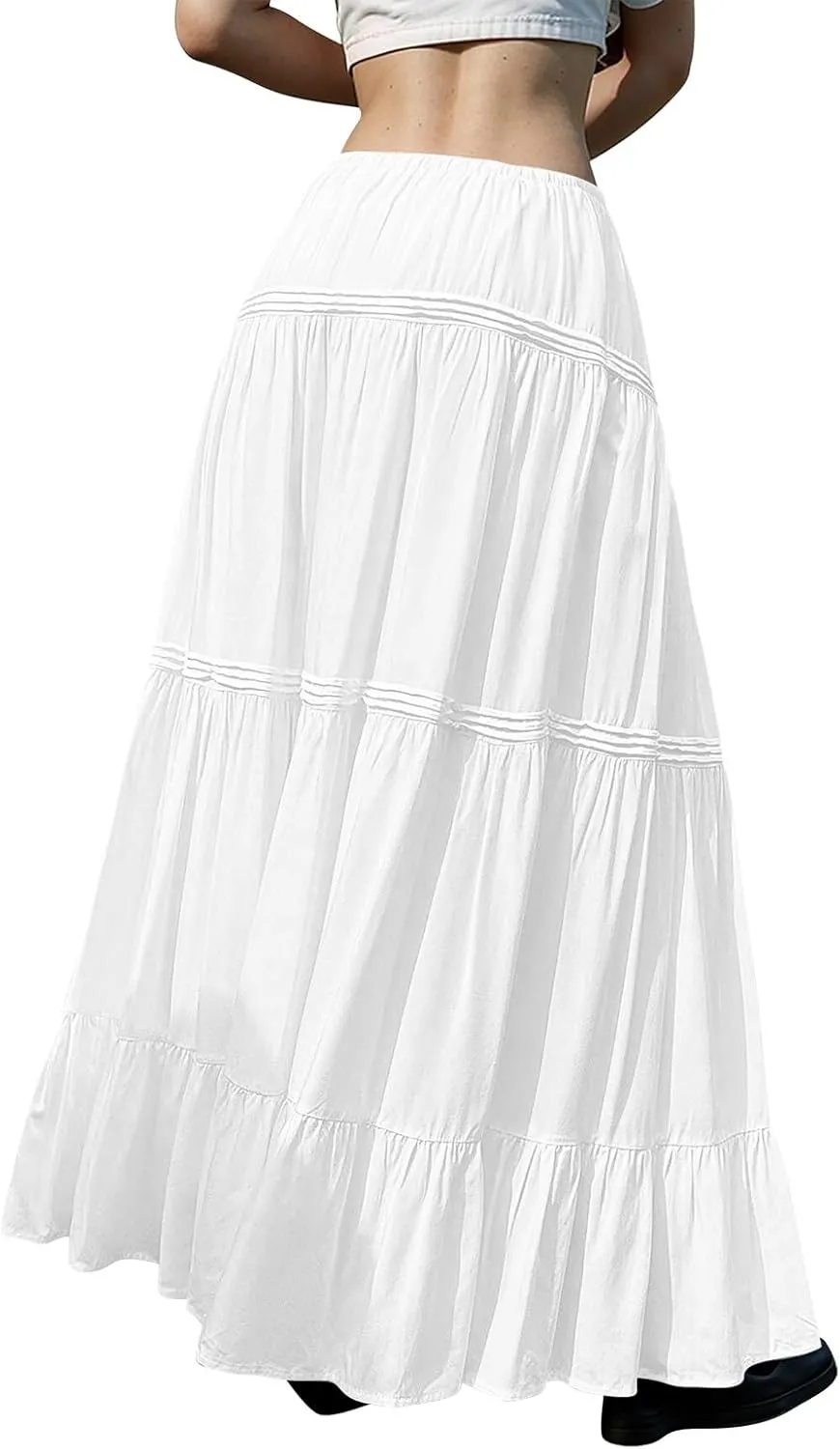 Summer Skirts for Women Trendy Drawstring Waisted Flowy Tiered Linen Maxi Skirt Pleated Ruffled A-Line Long Skirts