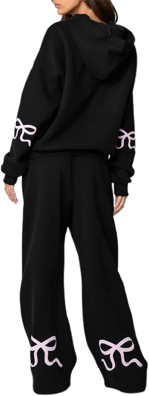 Sweatsuits Women 2 Piece Outfit Bow Print Long Sleeve Oversized Hooded Sweatshirt Wide Leg Sweatpants Set Tracksuit