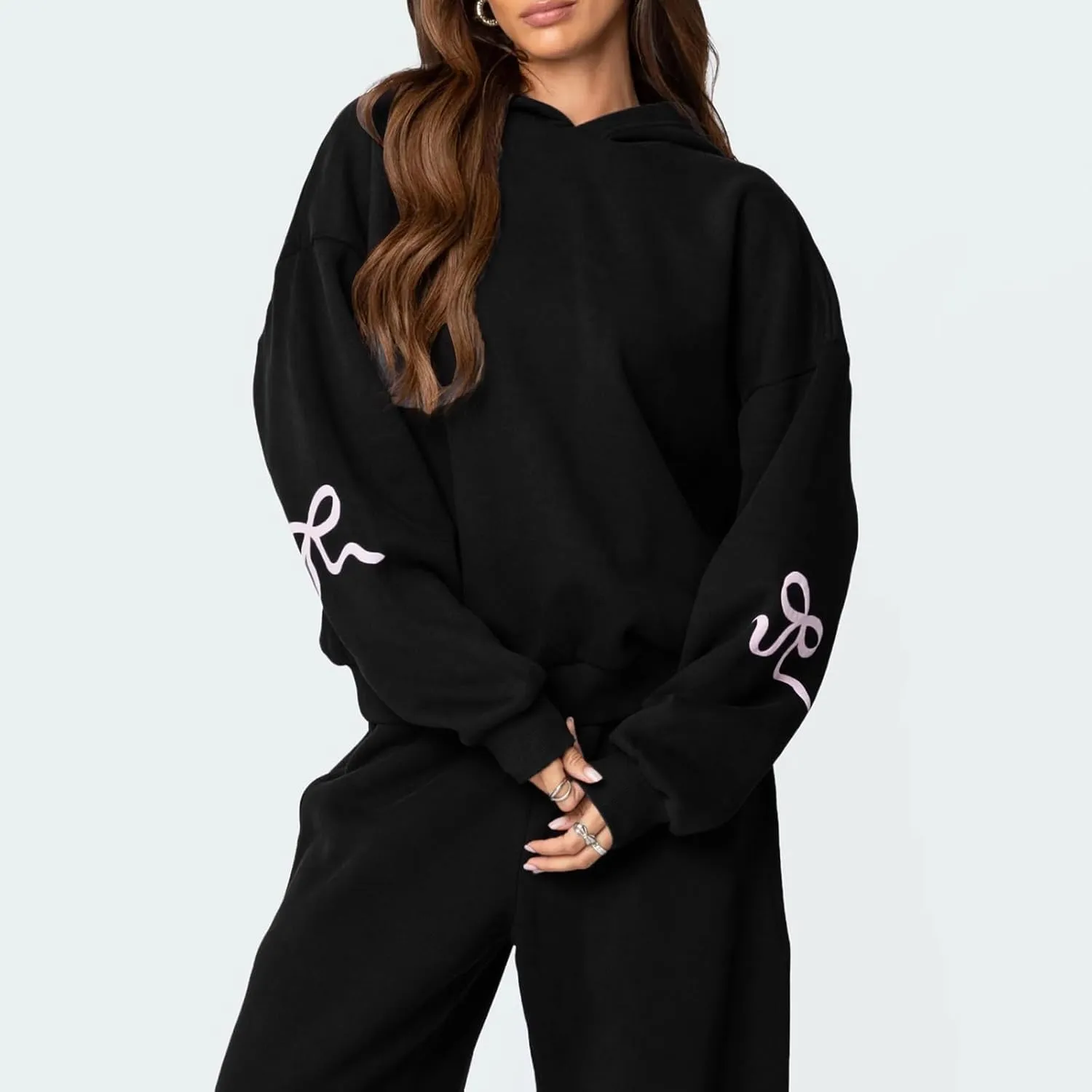 Sweatsuits Women 2 Piece Outfit Bow Print Long Sleeve Oversized Hooded Sweatshirt Wide Leg Sweatpants Set Tracksuit