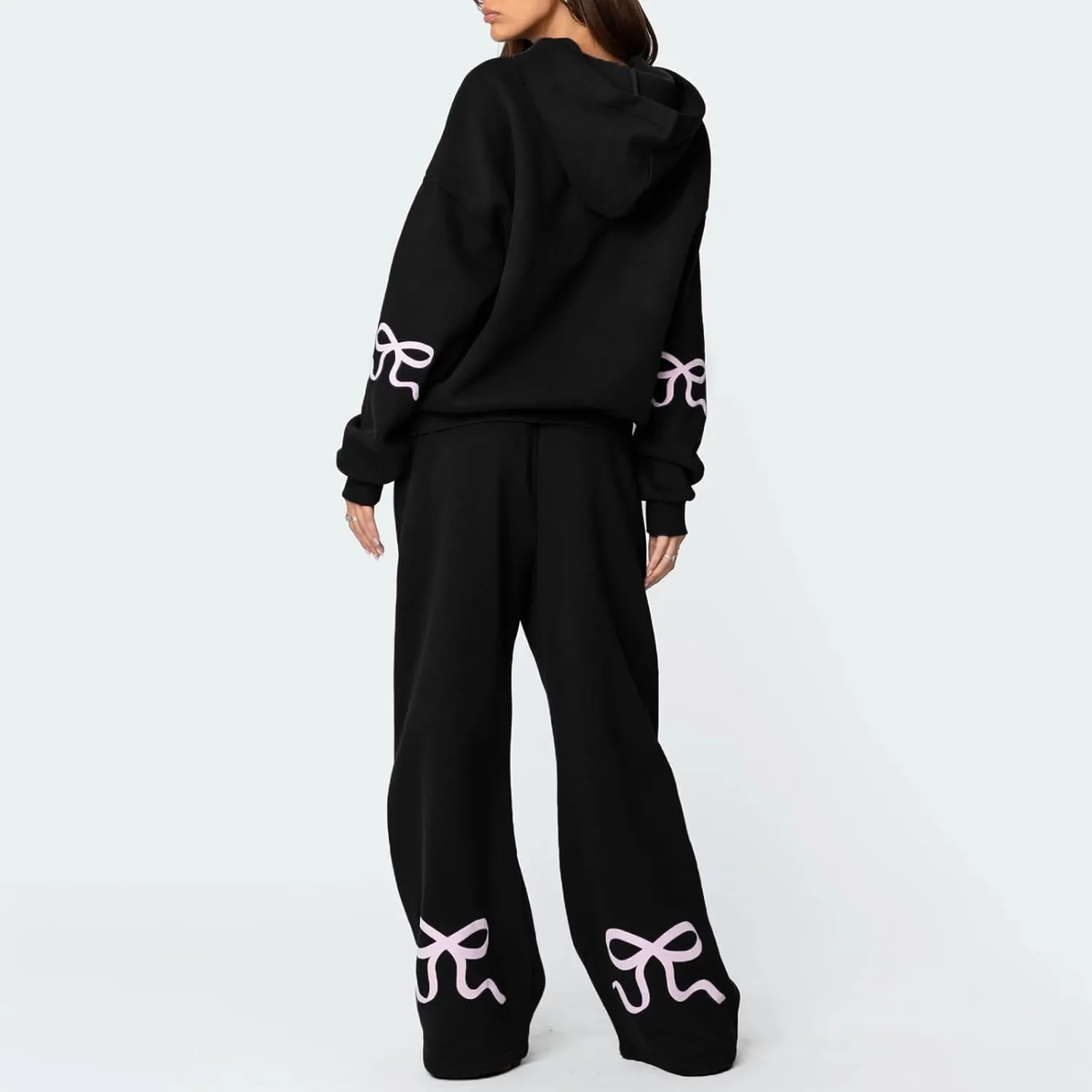 Sweatsuits Women 2 Piece Outfit Bow Print Long Sleeve Oversized Hooded Sweatshirt Wide Leg Sweatpants Set Tracksuit