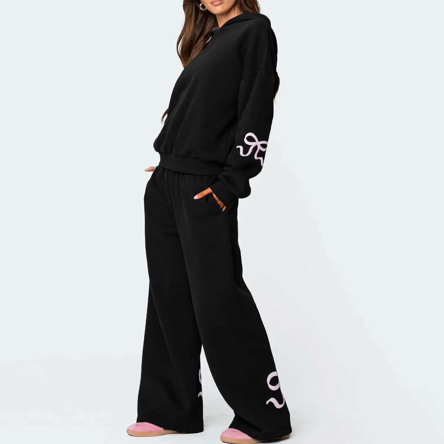 Sweatsuits Women 2 Piece Outfit Bow Print Long Sleeve Oversized Hooded Sweatshirt Wide Leg Sweatpants Set Tracksuit