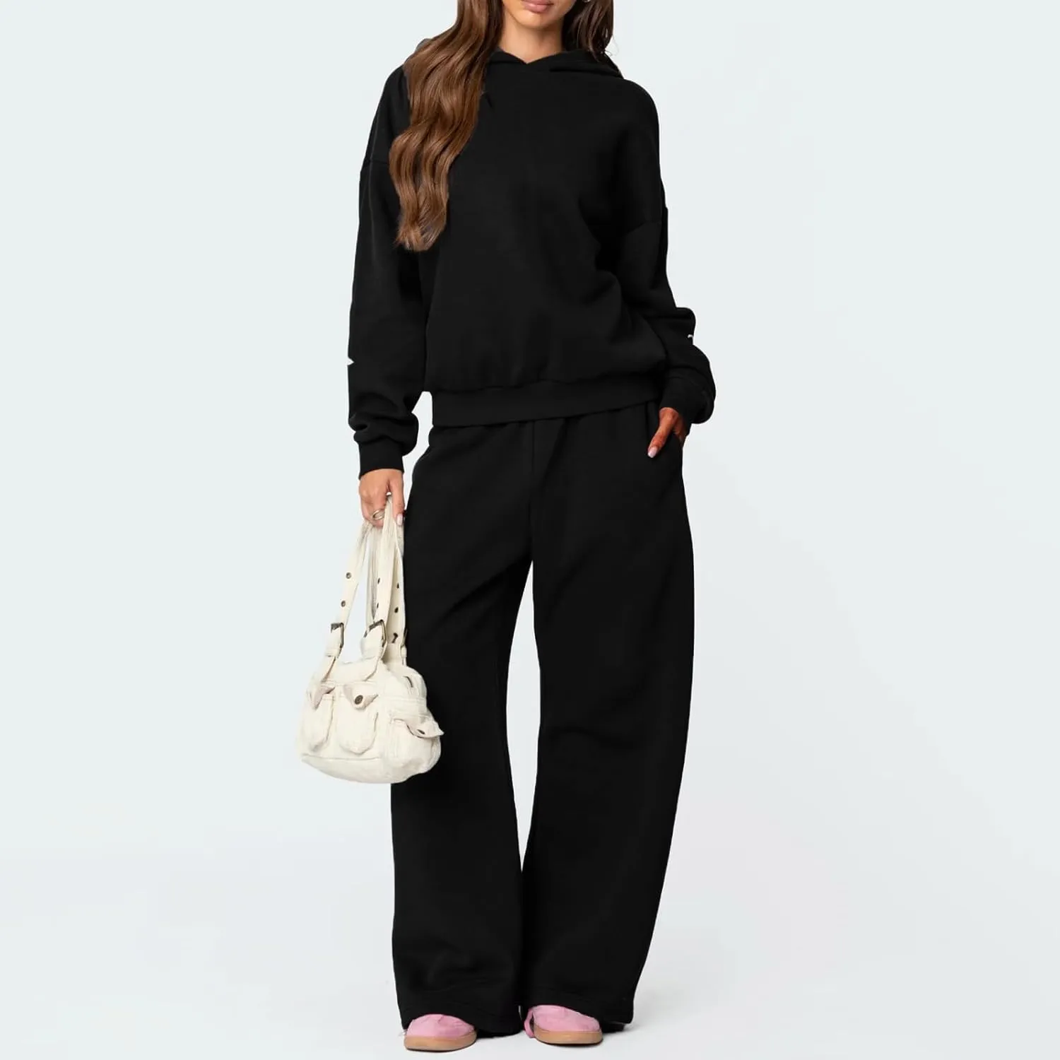 Sweatsuits Women 2 Piece Outfit Bow Print Long Sleeve Oversized Hooded Sweatshirt Wide Leg Sweatpants Set Tracksuit