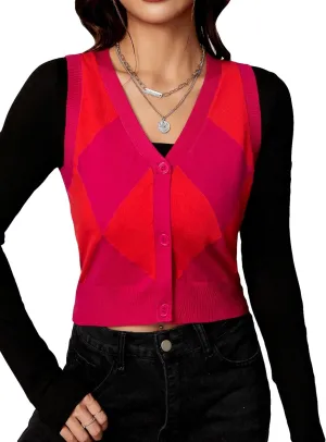 SweatyRocks Women's Basic Sleeveless V Neck Button Front Sweater Vest Knitted Cardigan