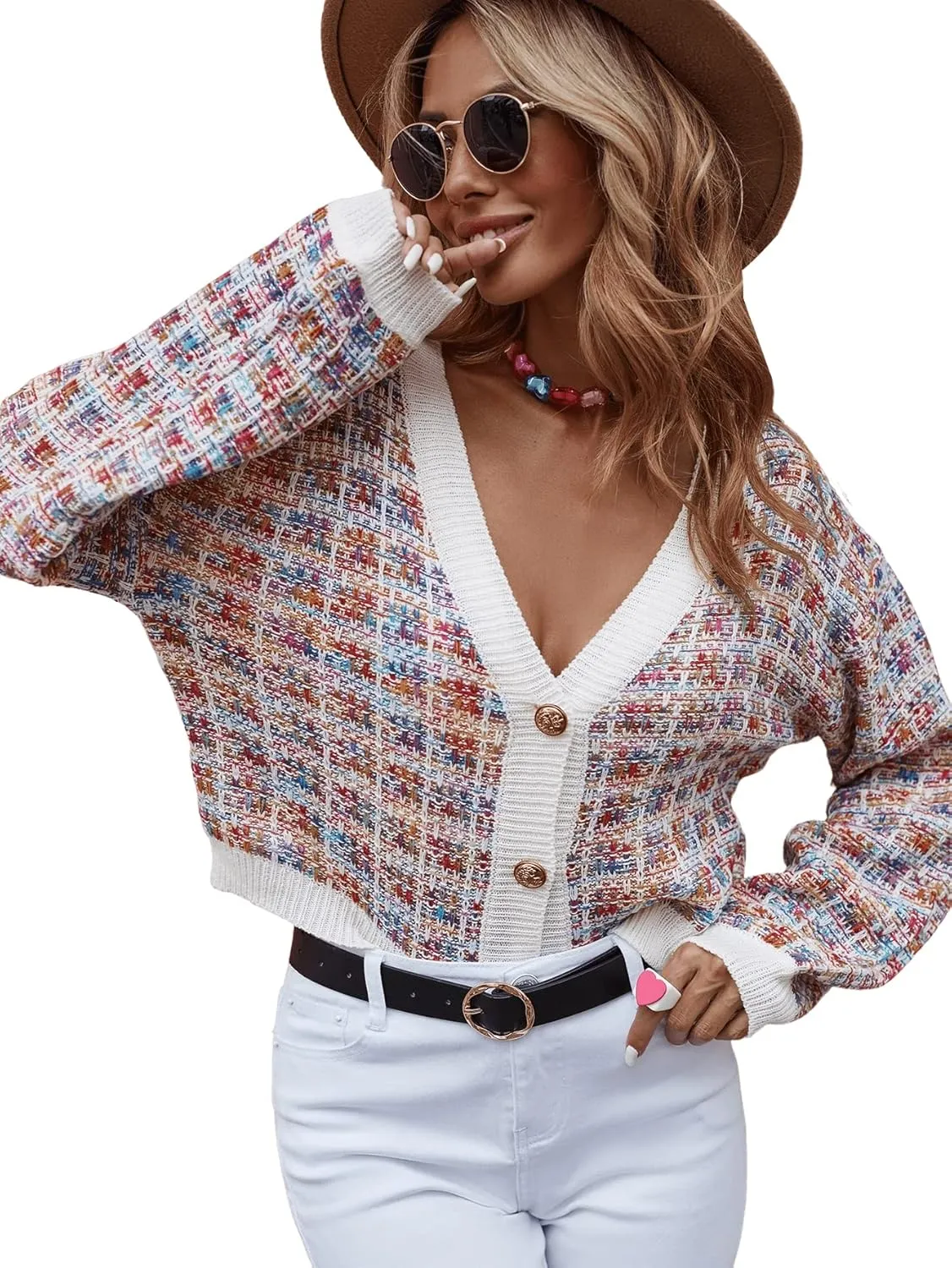 SweatyRocks Women's Color Block Long Sleeve Open Front Cardigan Sweater Knit Crop Top
