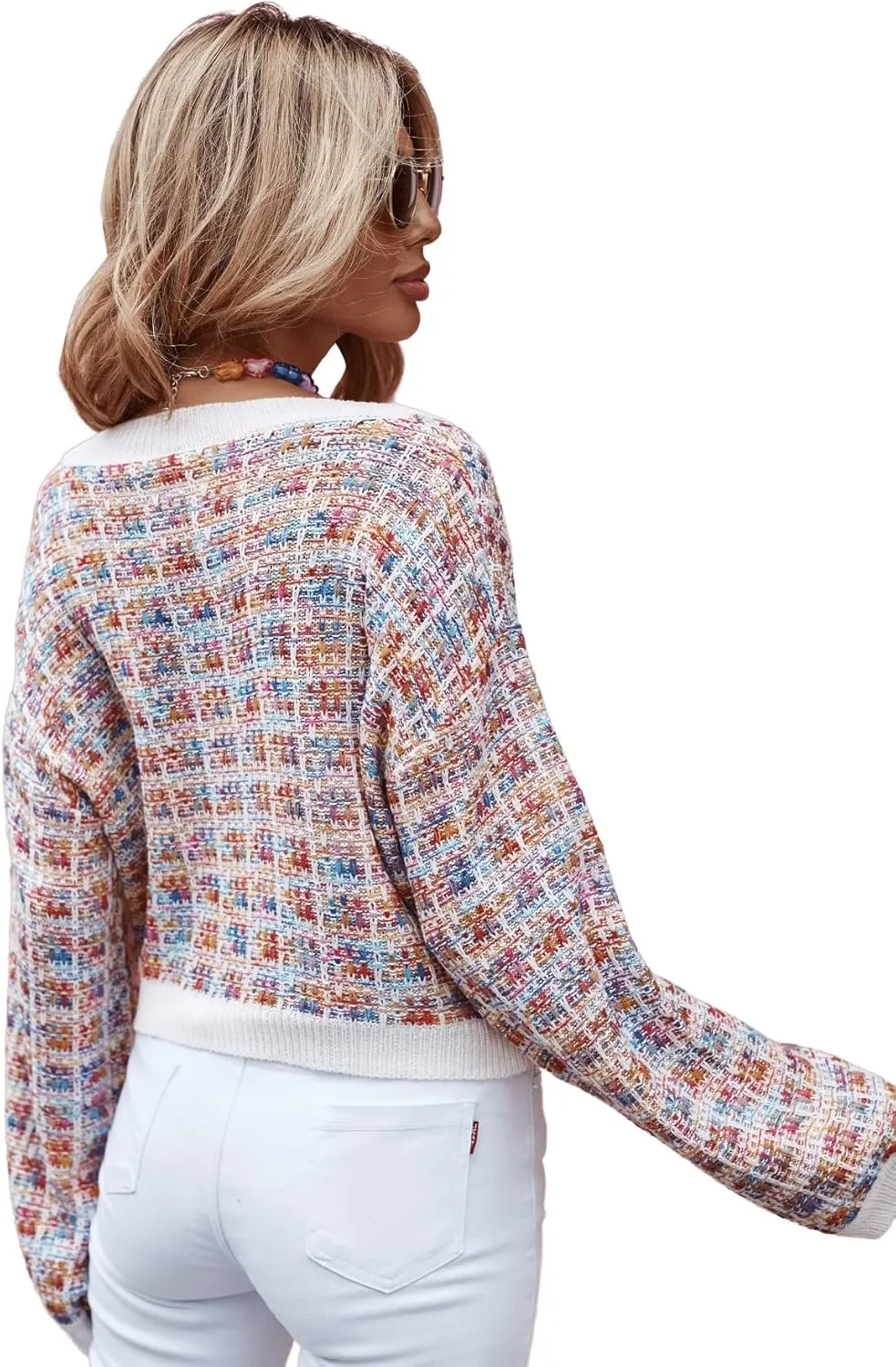 SweatyRocks Women's Color Block Long Sleeve Open Front Cardigan Sweater Knit Crop Top