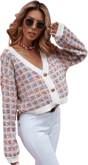 SweatyRocks Women's Color Block Long Sleeve Open Front Cardigan Sweater Knit Crop Top