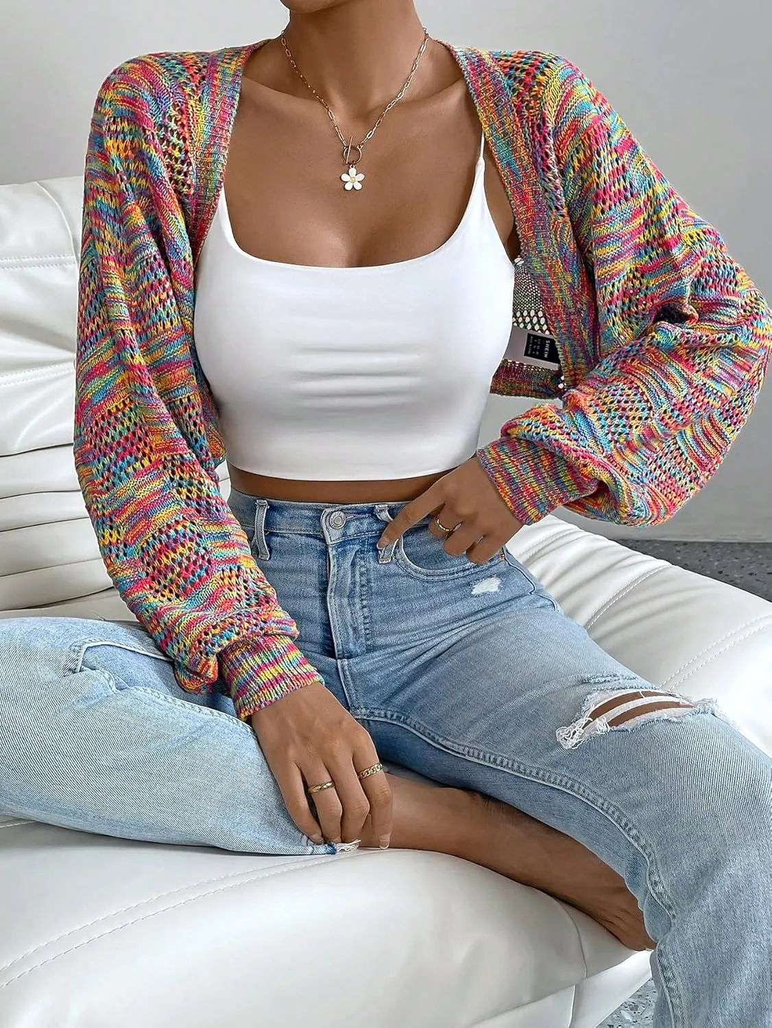 SweatyRocks Women's Color Block Long Sleeve Open Front Cardigan Sweater Knit Crop Top