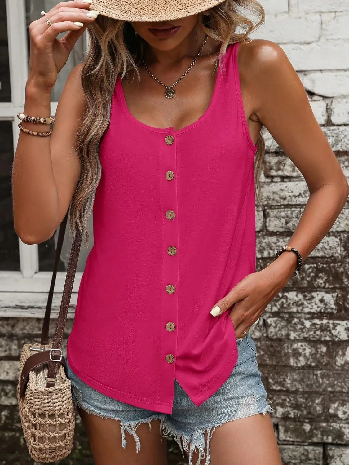 SweatyRocks Women's Scoop Neck Button Front Tank Top Casual Solid Sleeveless T Shirt