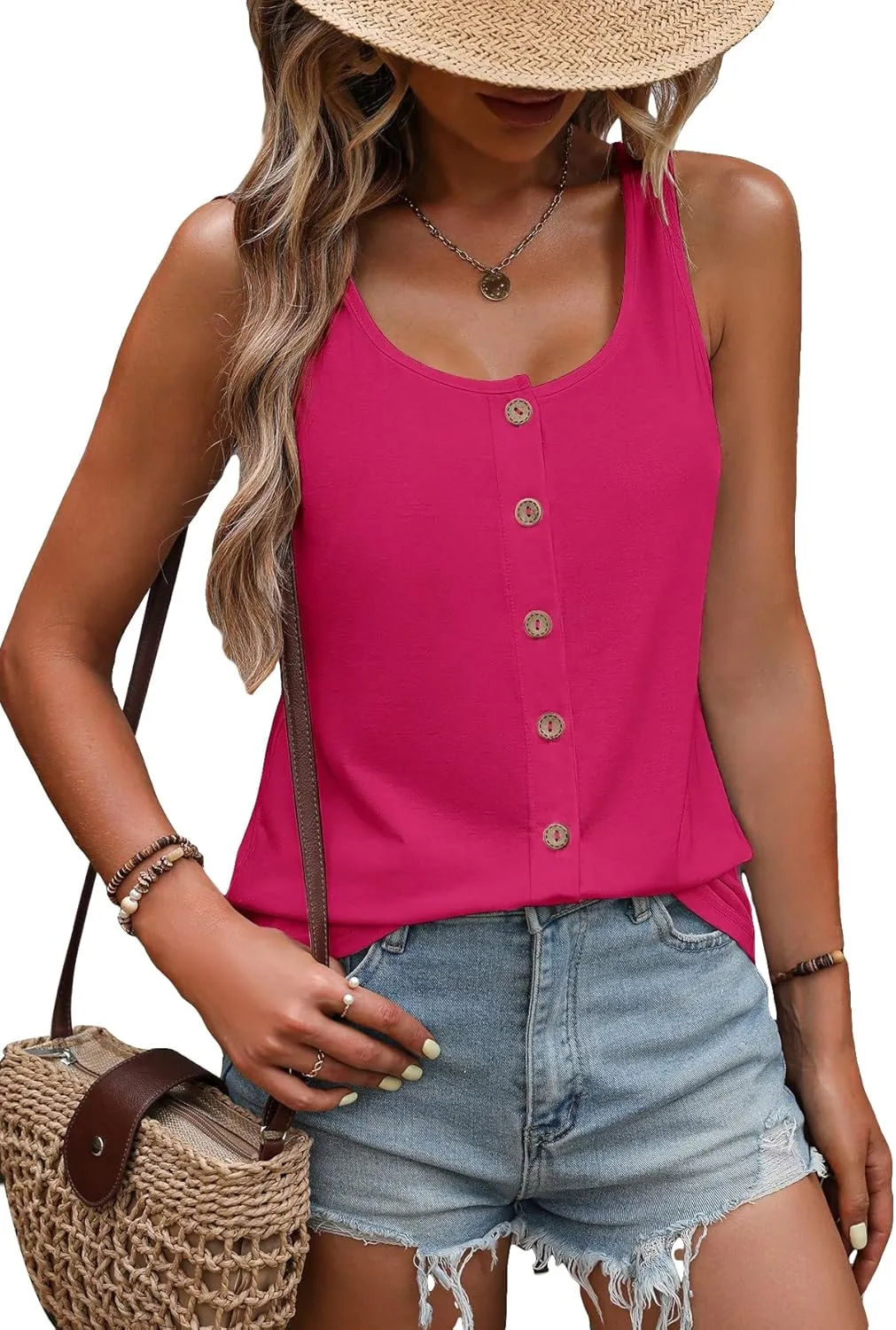 SweatyRocks Women's Scoop Neck Button Front Tank Top Casual Solid Sleeveless T Shirt