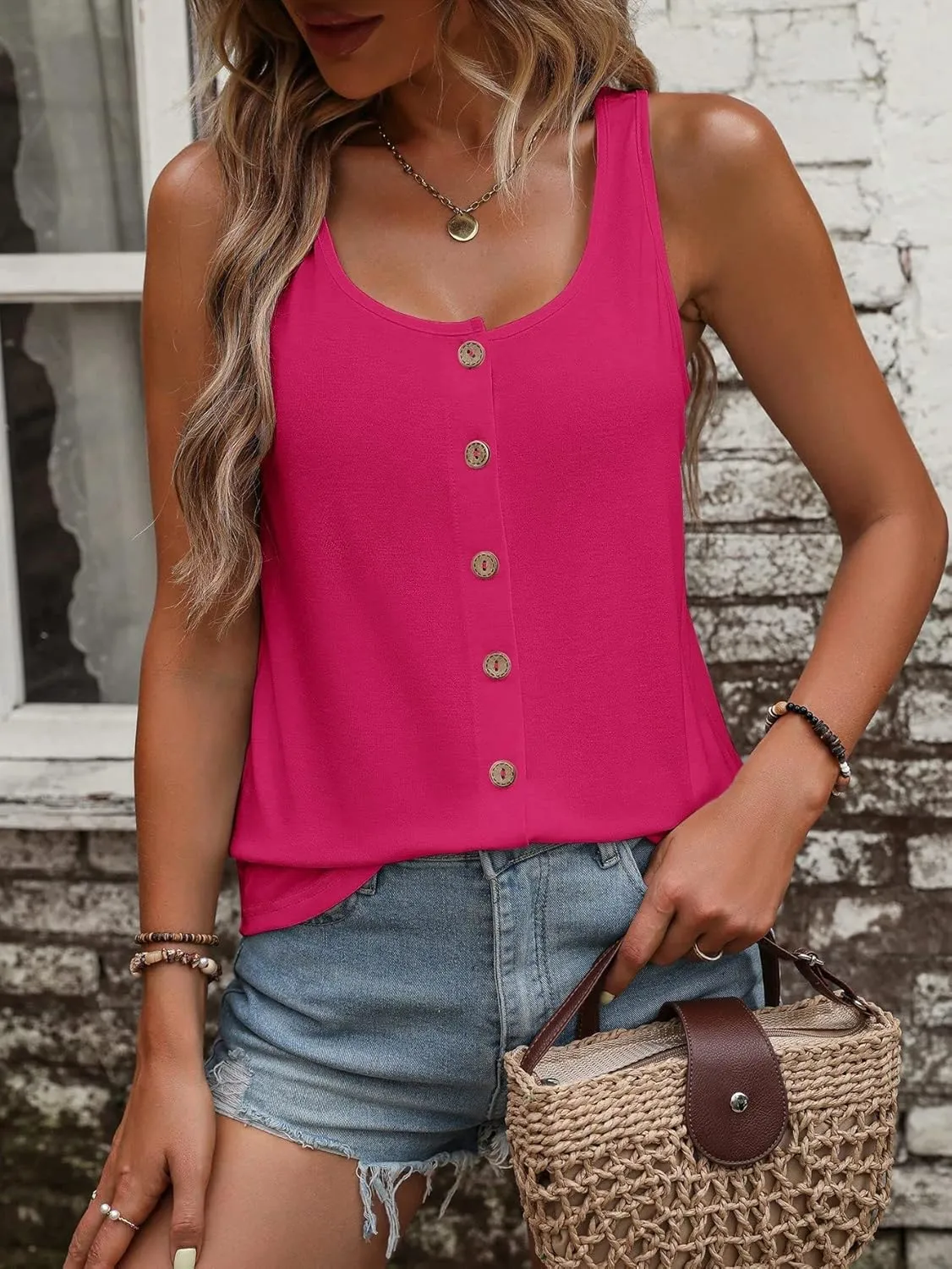 SweatyRocks Women's Scoop Neck Button Front Tank Top Casual Solid Sleeveless T Shirt