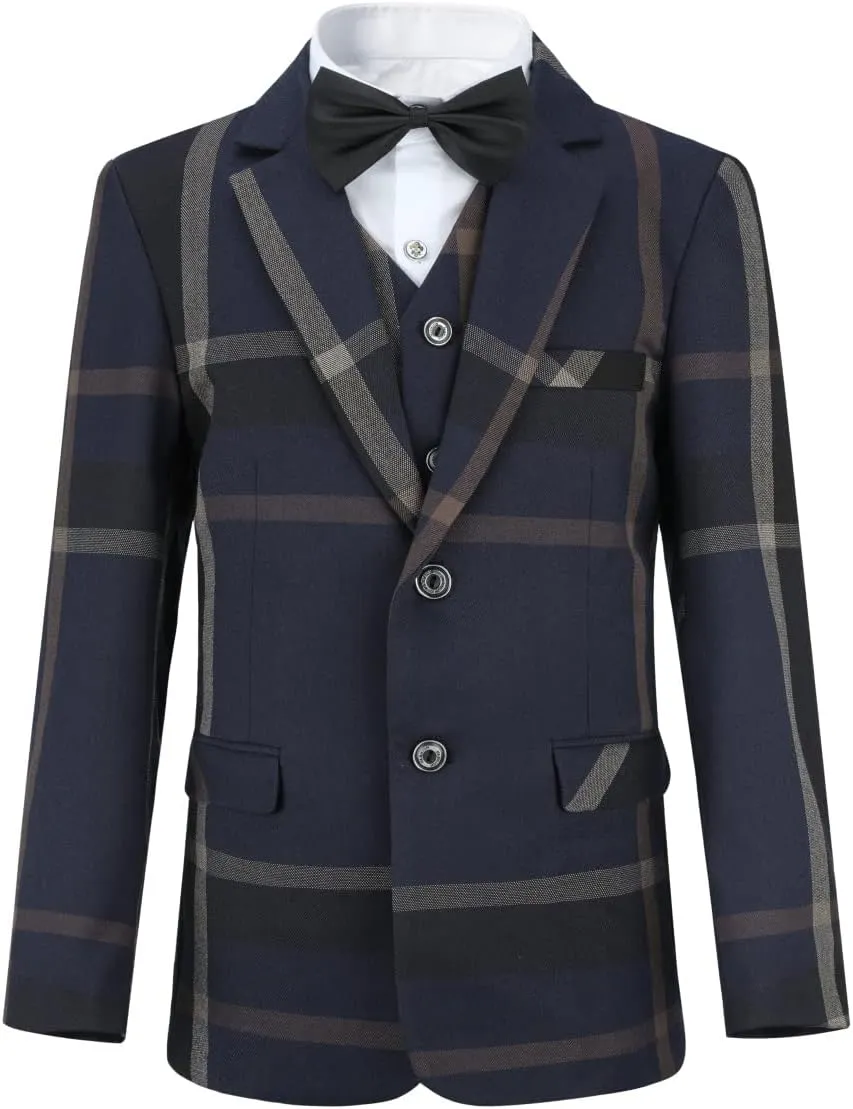 SWOTGdoby Boys Dress Suits 3 Piece Slim Fit Check Plaid Kids Tuxedo Suits for Boys Formal Blazer Jacket Pants Vest Wedding