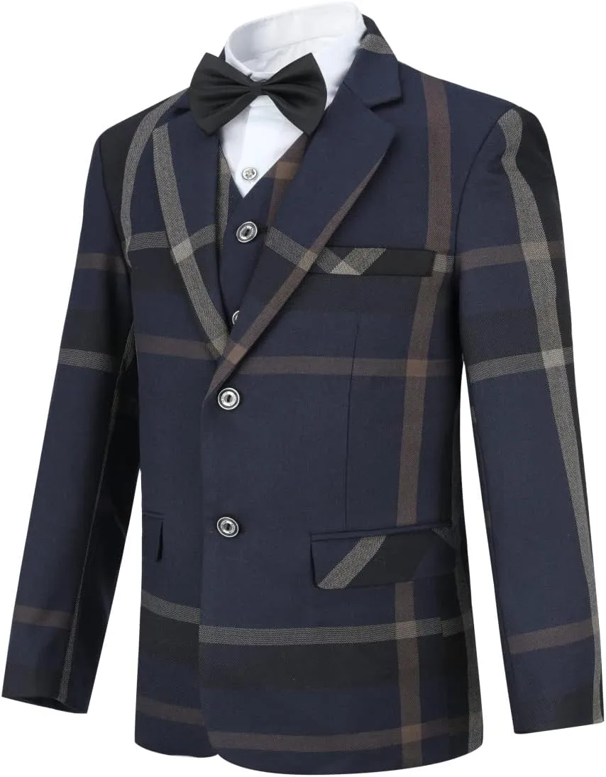 SWOTGdoby Boys Dress Suits 3 Piece Slim Fit Check Plaid Kids Tuxedo Suits for Boys Formal Blazer Jacket Pants Vest Wedding
