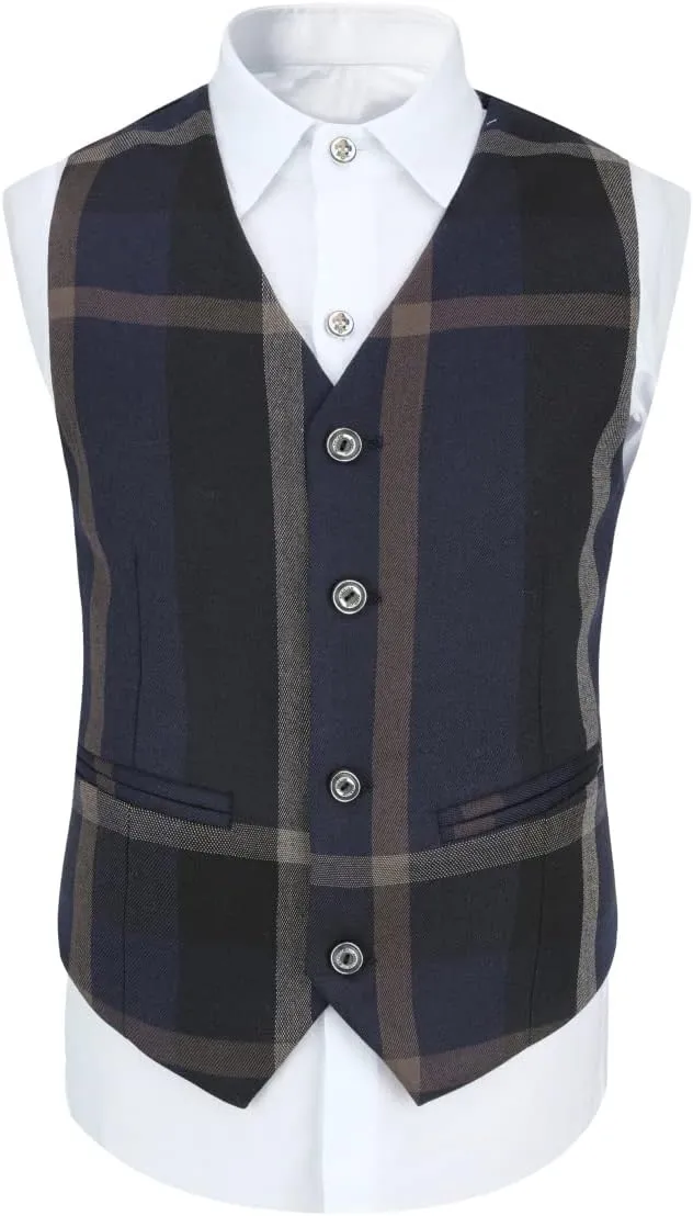 SWOTGdoby Boys Dress Suits 3 Piece Slim Fit Check Plaid Kids Tuxedo Suits for Boys Formal Blazer Jacket Pants Vest Wedding