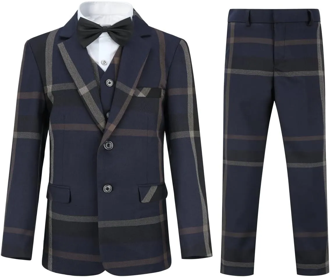 SWOTGdoby Boys Dress Suits 3 Piece Slim Fit Check Plaid Kids Tuxedo Suits for Boys Formal Blazer Jacket Pants Vest Wedding
