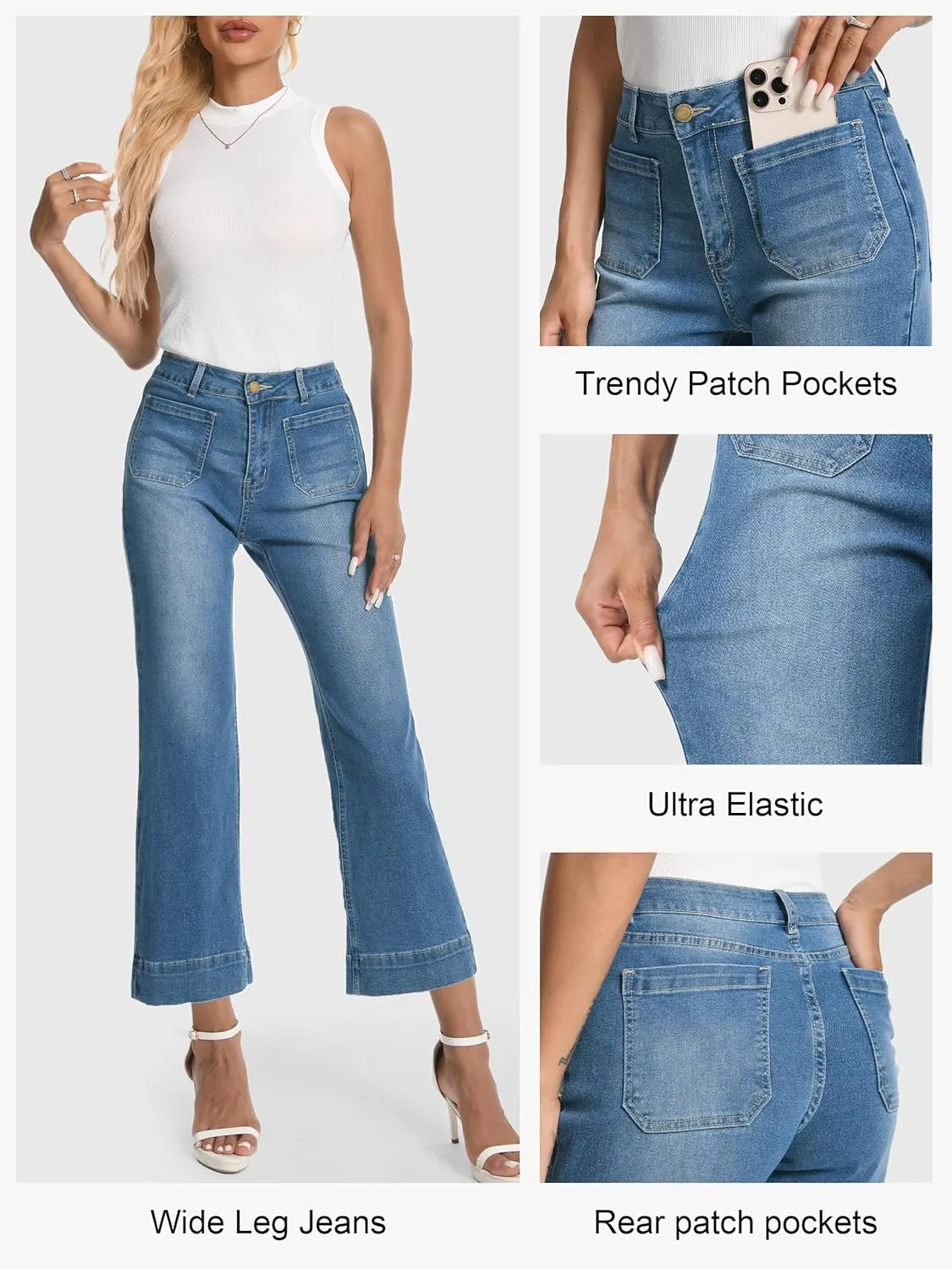 Tapata Women's 24/26 Petite Regular Wide Leg Jeans High Waisted Flare Stretchy Cropped Denim Pants Trendy Baggy Pockets