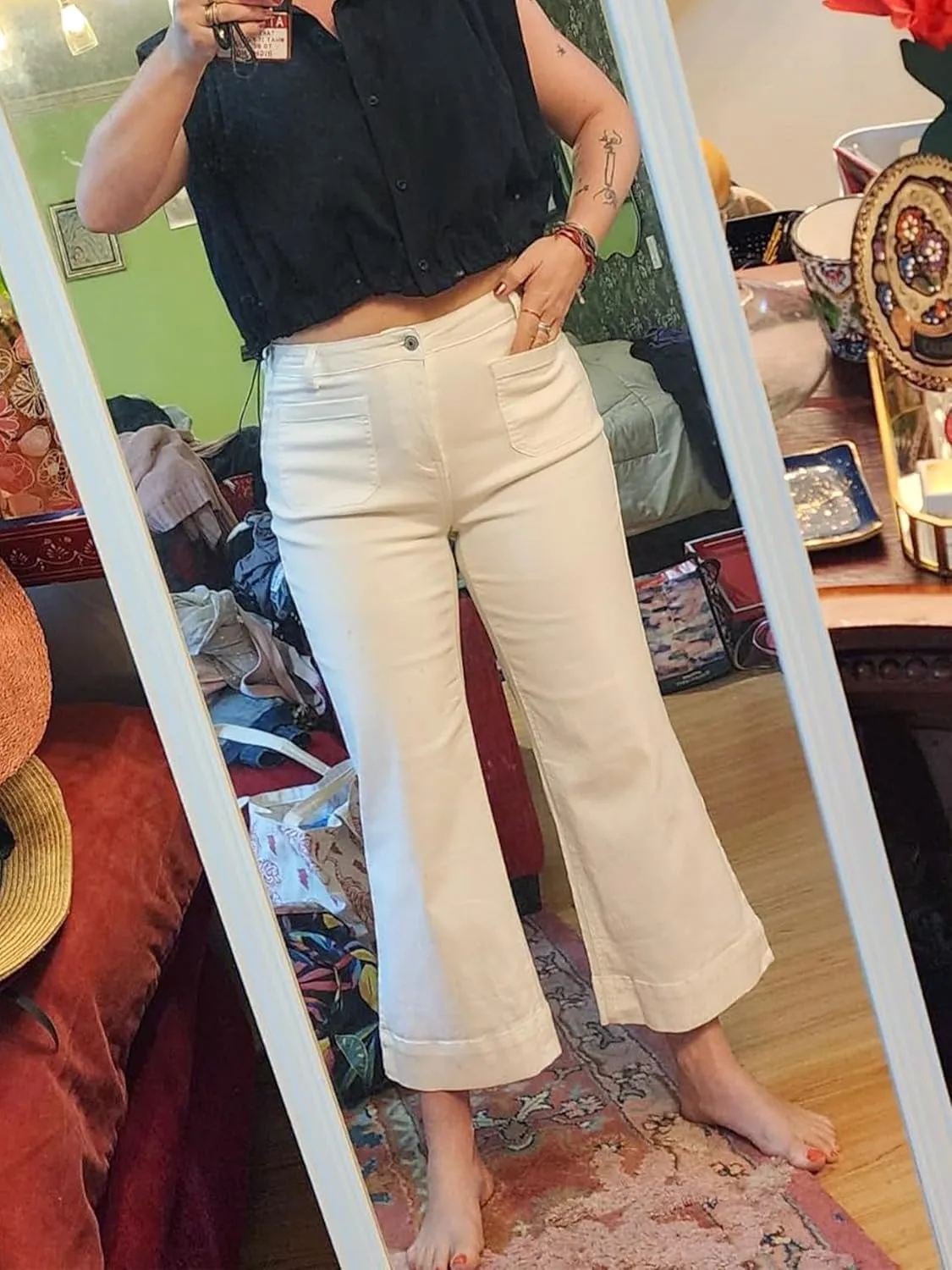 Tapata Women's 24/26 Petite Regular Wide Leg Jeans High Waisted Flare Stretchy Cropped Denim Pants Trendy Baggy Pockets