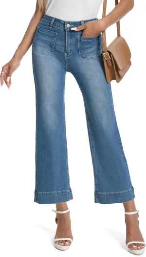 Tapata Women's 24/26 Petite Regular Wide Leg Jeans High Waisted Flare Stretchy Cropped Denim Pants Trendy Baggy Pockets