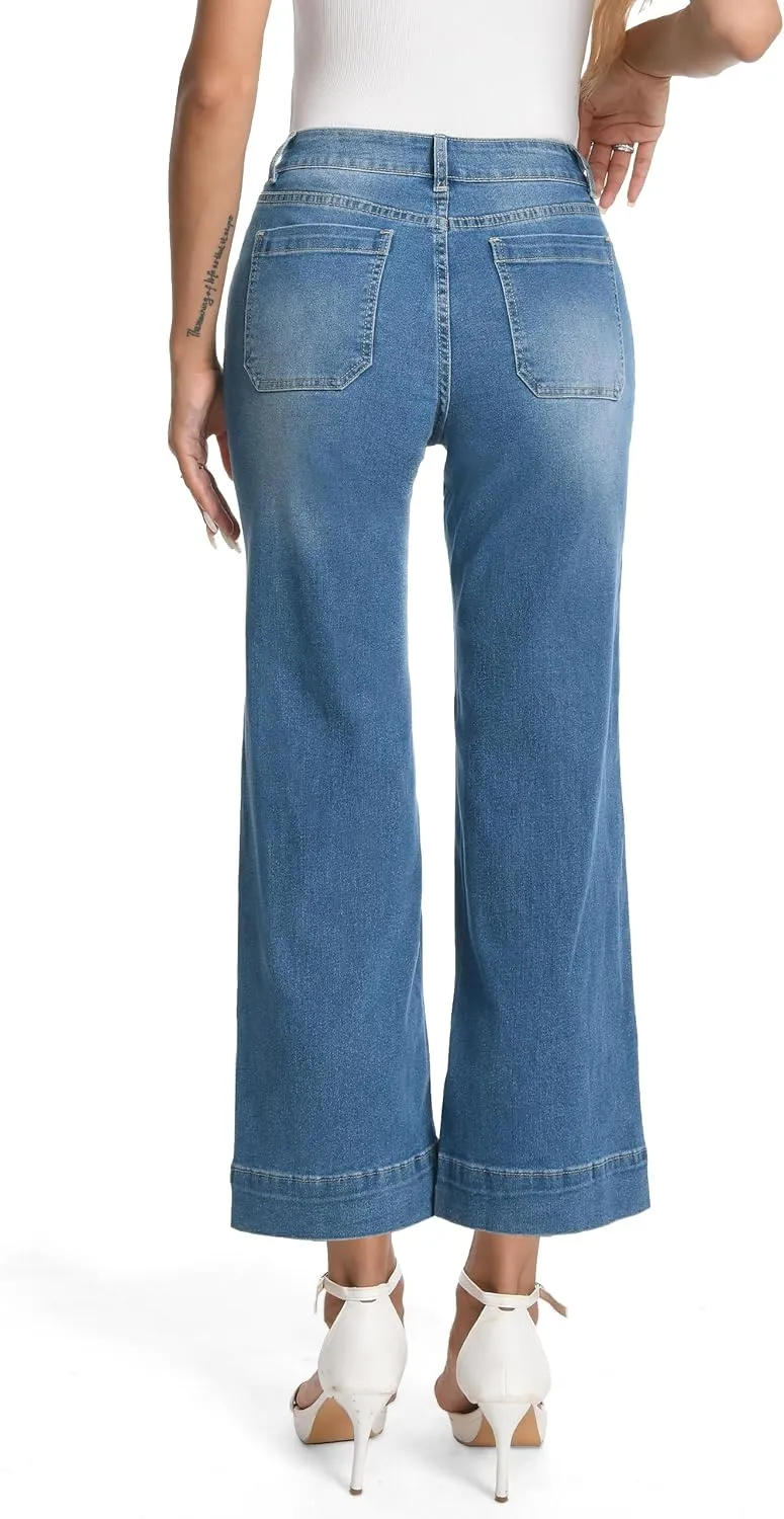 Tapata Women's 24/26 Petite Regular Wide Leg Jeans High Waisted Flare Stretchy Cropped Denim Pants Trendy Baggy Pockets