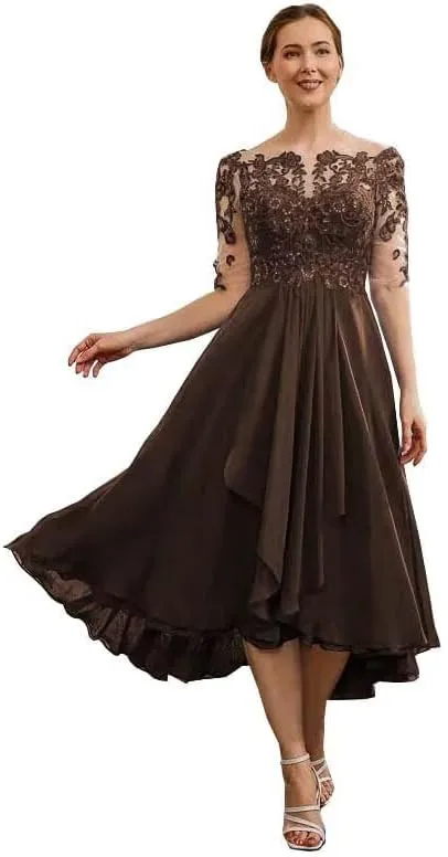 Tea Length Mother of The Bride Dresses for Wedding Lace Applique Half Sleeve Chiffon Formal Evening Party Gown