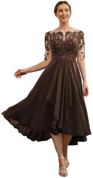 Tea Length Mother of The Bride Dresses for Wedding Lace Applique Half Sleeve Chiffon Formal Evening Party Gown