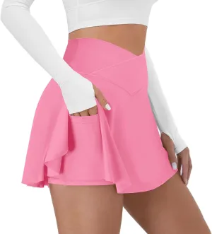 Tennis Skirt for Women with Pockets Shorts Crossover High Waisted Athletic Golf Skorts Running Workout Skirts 2 in 1