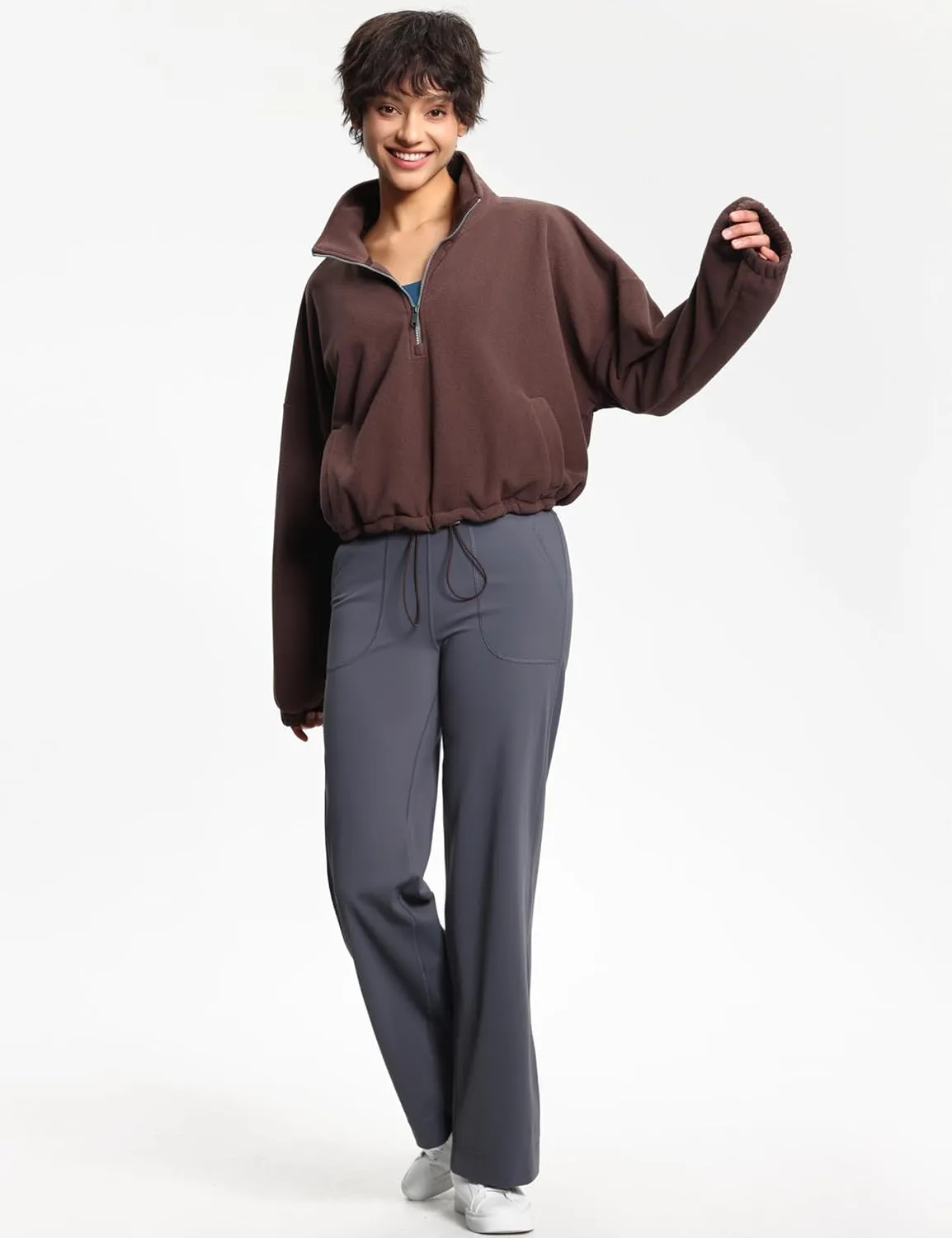 THE GYM PEOPLE Womens Half Zip Crop Pullover Sweatshirt Fleece Stand Collar Workout Tops with Pockets Drawstring Hem