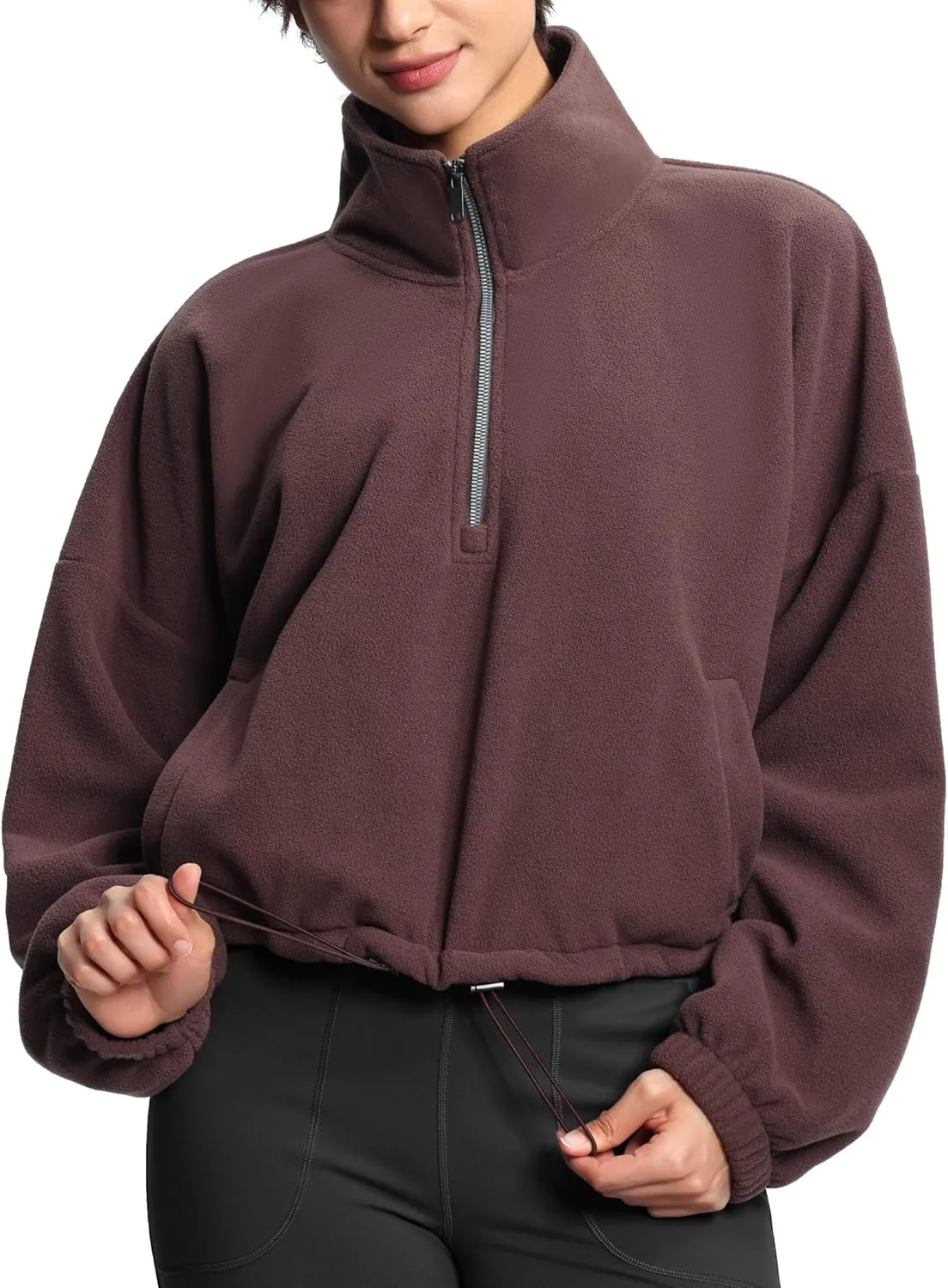 THE GYM PEOPLE Womens Half Zip Crop Pullover Sweatshirt Fleece Stand Collar Workout Tops with Pockets Drawstring Hem
