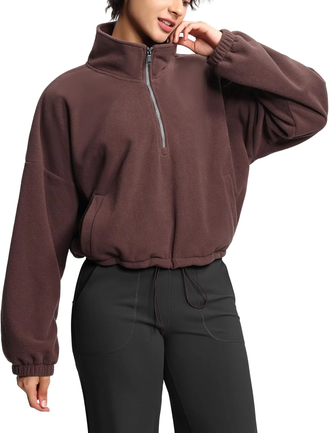 THE GYM PEOPLE Womens Half Zip Crop Pullover Sweatshirt Fleece Stand Collar Workout Tops with Pockets Drawstring Hem