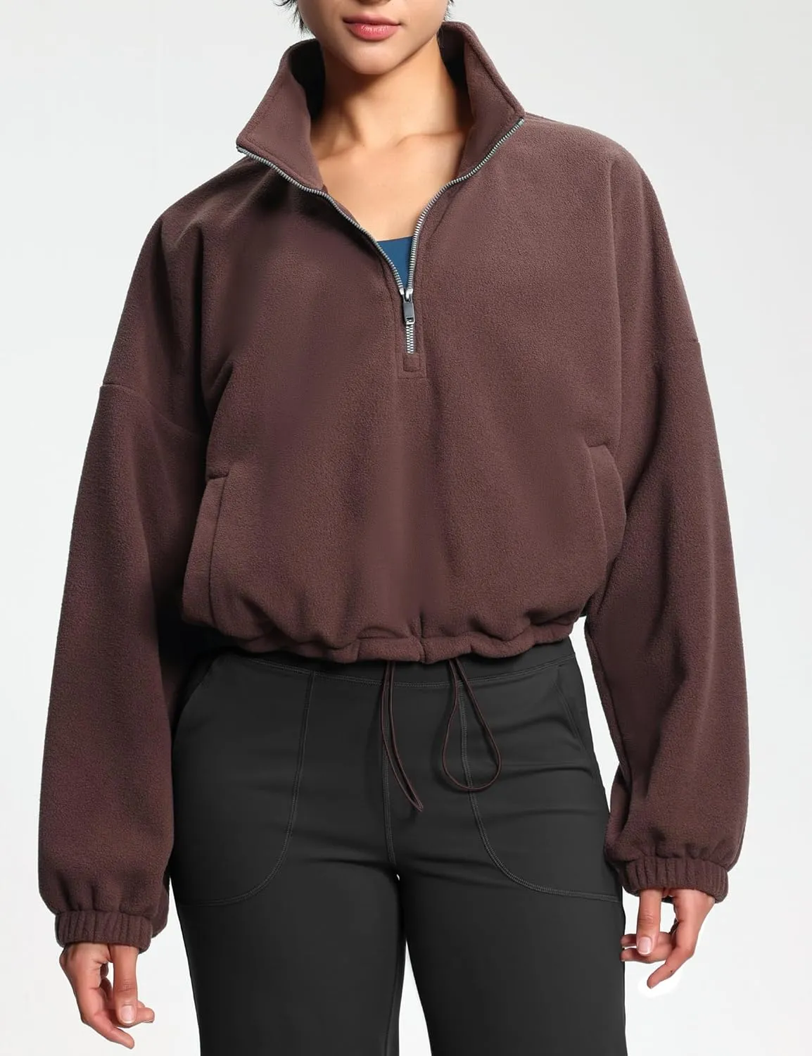 THE GYM PEOPLE Womens Half Zip Crop Pullover Sweatshirt Fleece Stand Collar Workout Tops with Pockets Drawstring Hem