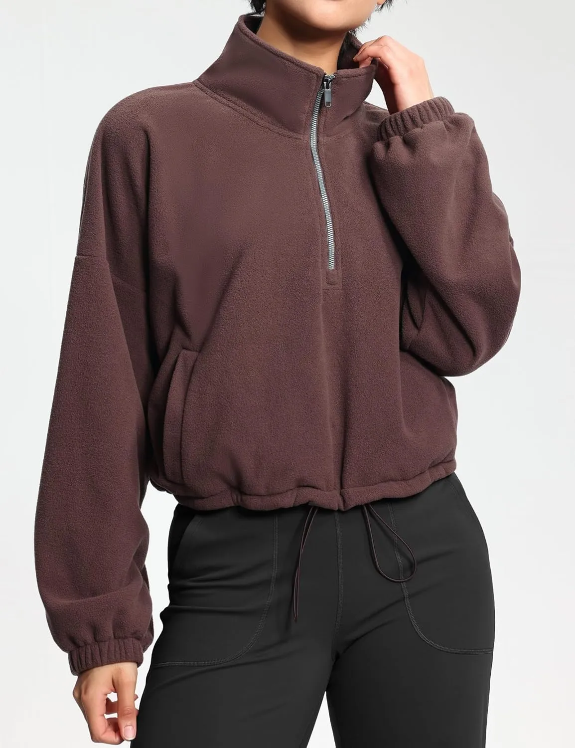 THE GYM PEOPLE Womens Half Zip Crop Pullover Sweatshirt Fleece Stand Collar Workout Tops with Pockets Drawstring Hem