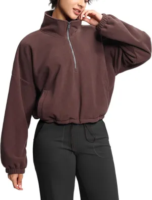 THE GYM PEOPLE Womens Half Zip Crop Pullover Sweatshirt Fleece Stand Collar Workout Tops with Pockets Drawstring Hem