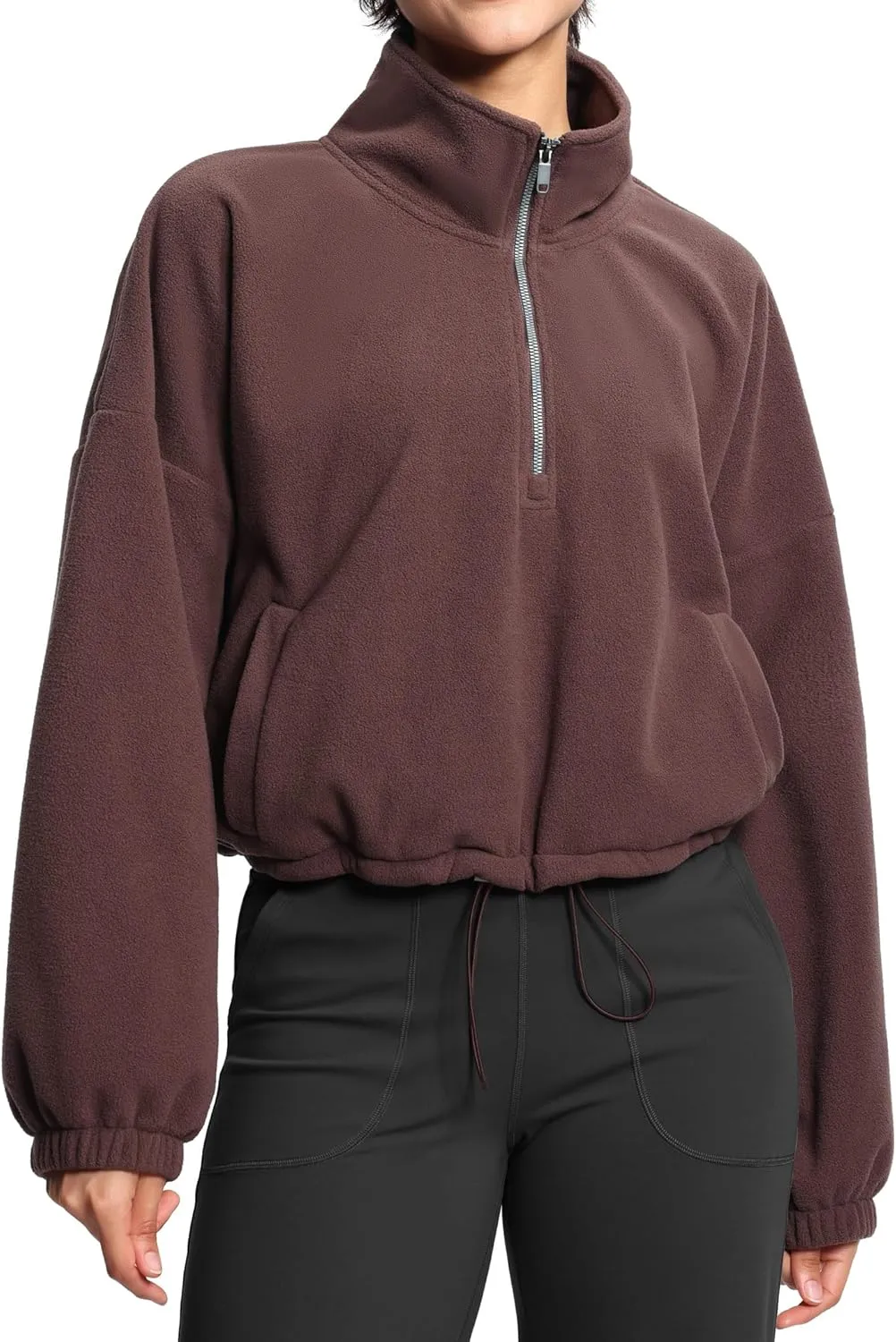 THE GYM PEOPLE Womens Half Zip Crop Pullover Sweatshirt Fleece Stand Collar Workout Tops with Pockets Drawstring Hem