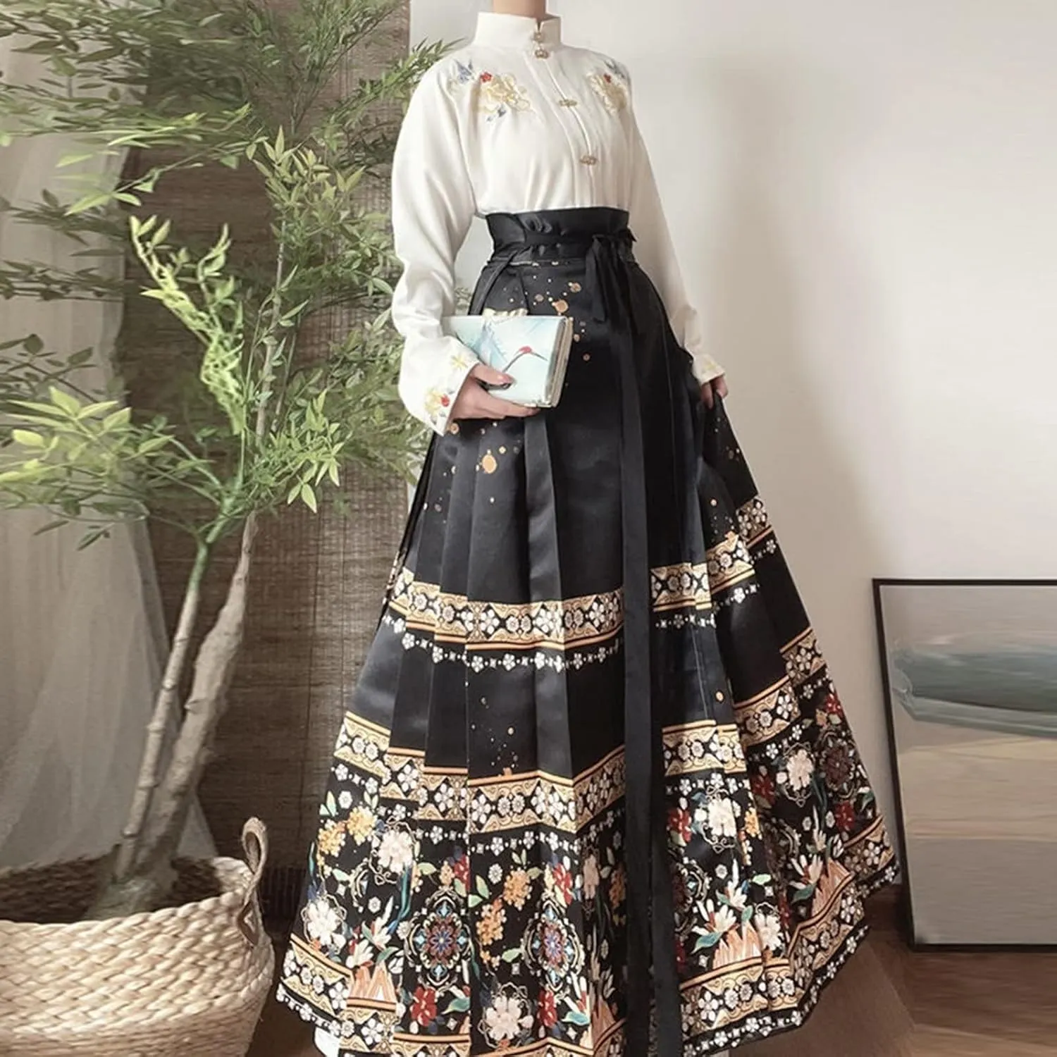 ThusFar Chinese Skirts for Women Horse Face Skirt Seft Tie Floal Print Elegant Vintage Long Swing Maxi Pleated Skirt
