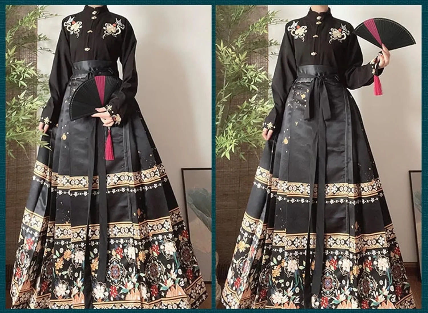 ThusFar Chinese Skirts for Women Horse Face Skirt Seft Tie Floal Print Elegant Vintage Long Swing Maxi Pleated Skirt