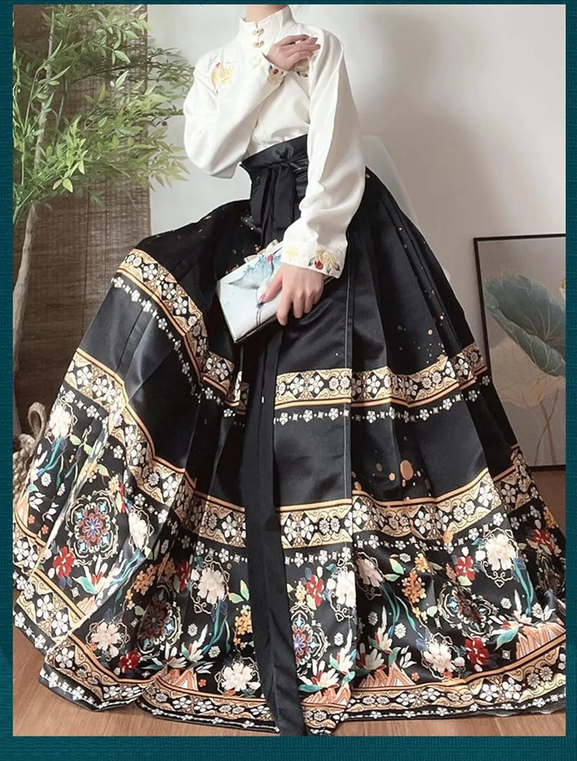 ThusFar Chinese Skirts for Women Horse Face Skirt Seft Tie Floal Print Elegant Vintage Long Swing Maxi Pleated Skirt