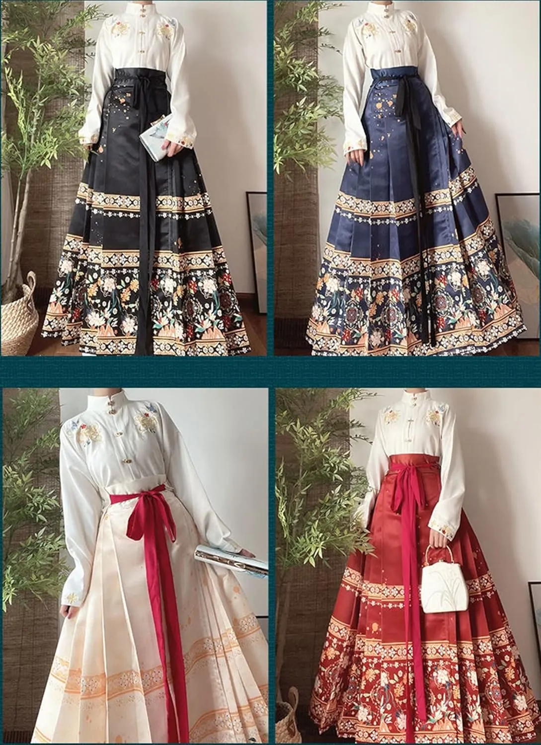 ThusFar Chinese Skirts for Women Horse Face Skirt Seft Tie Floal Print Elegant Vintage Long Swing Maxi Pleated Skirt