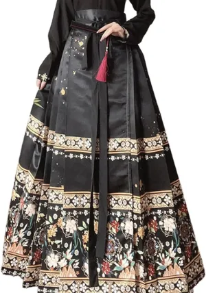 ThusFar Chinese Skirts for Women Horse Face Skirt Seft Tie Floal Print Elegant Vintage Long Swing Maxi Pleated Skirt
