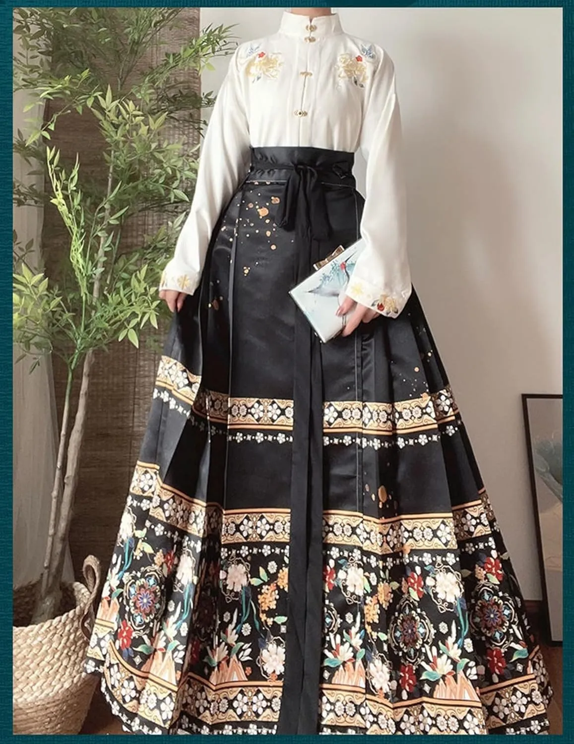 ThusFar Chinese Skirts for Women Horse Face Skirt Seft Tie Floal Print Elegant Vintage Long Swing Maxi Pleated Skirt