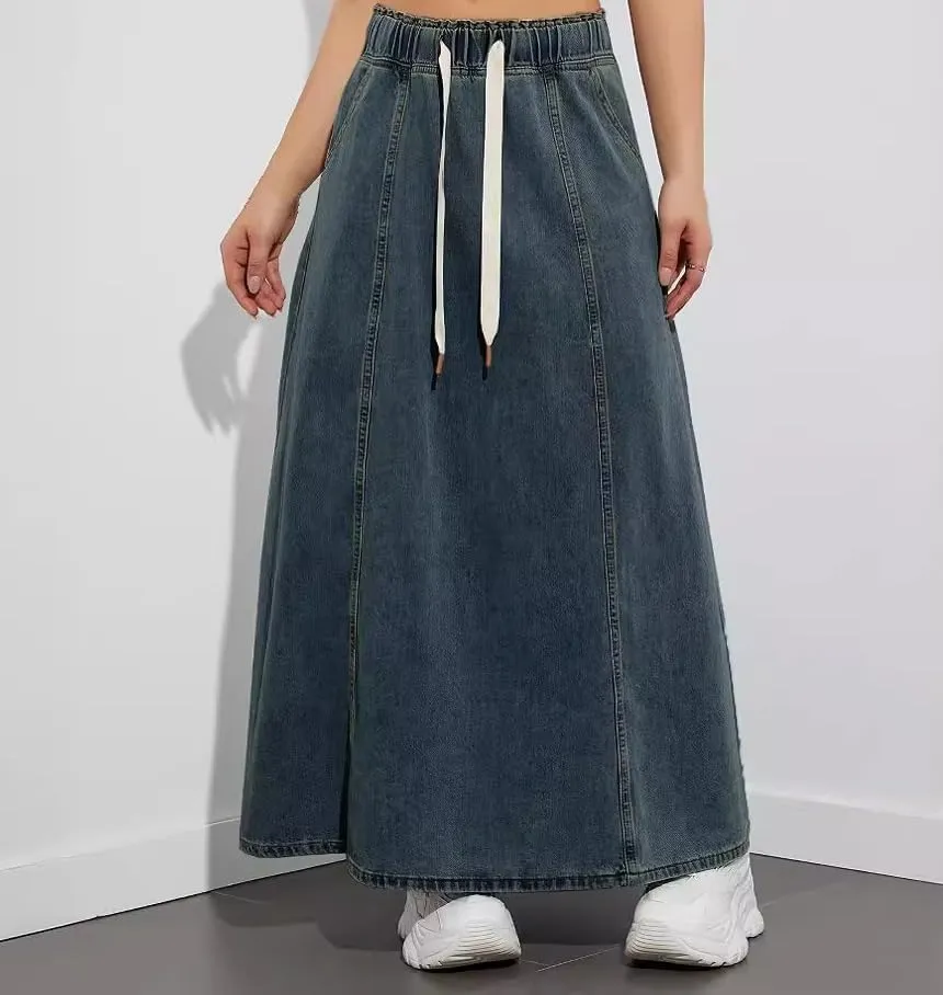 TIAFORD Long Denim Skirts for Women Elastic High Waisted Denim Maxi Skirt Casual Flowy Drawstring Jean Skirt with Pocket