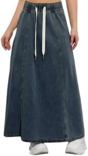 TIAFORD Long Denim Skirts for Women Elastic High Waisted Denim Maxi Skirt Casual Flowy Drawstring Jean Skirt with Pocket