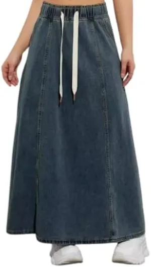 TIAFORD Long Denim Skirts for Women Elastic High Waisted Denim Maxi Skirt Casual Flowy Drawstring Jean Skirt with Pocket