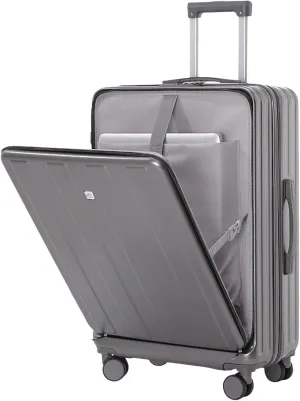 Travel Suitcase, 20" Carry On Luggage Hard Shell Scratch-Resistant Surface with USB Charging Cup Holder & Hook Interface Code Lock, Rolling Travel Suitcase with Wheels Grey