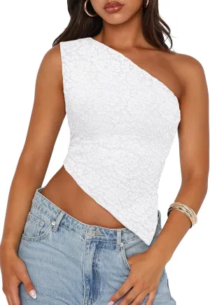 Trendy Queen Womens One Shoulder Lace Tops Asymmetrical Slim Fit Double Lined Sexy Going Out Y2k Tank 2025