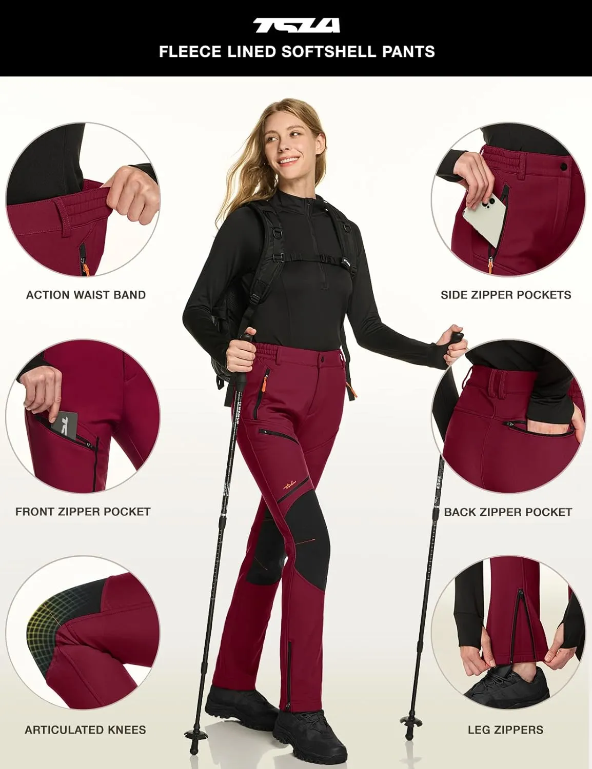 TSLA Women's Softshell Winter Snow Ski Pants, Fleece Lined Waterproof Hiking Pants, Insulated Work Outdoor Pants