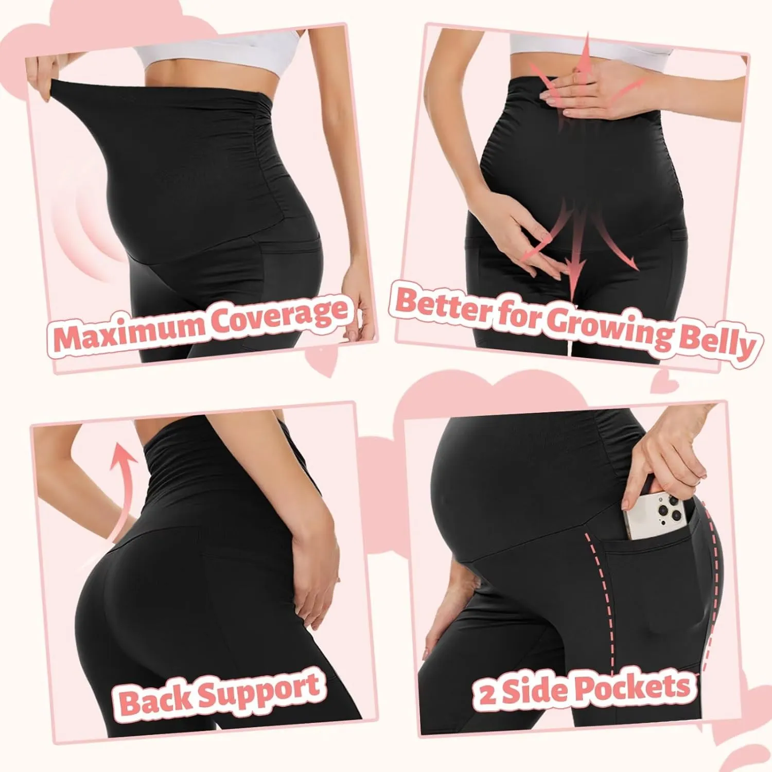 UBCUTE 2 Pack Women's Maternity Biker Shorts with Pockets-High Waist Black Workout Yoga Comfy Pregnancy Pants Over Belly