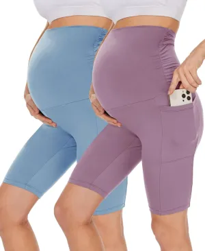 UBCUTE 2 Pack Women's Maternity Biker Shorts with Pockets-High Waist Black Workout Yoga Comfy Pregnancy Pants Over Belly
